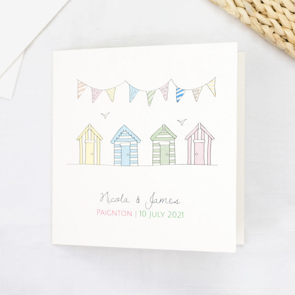 Pastel Bunting & Beach Huts Wedding Invitation