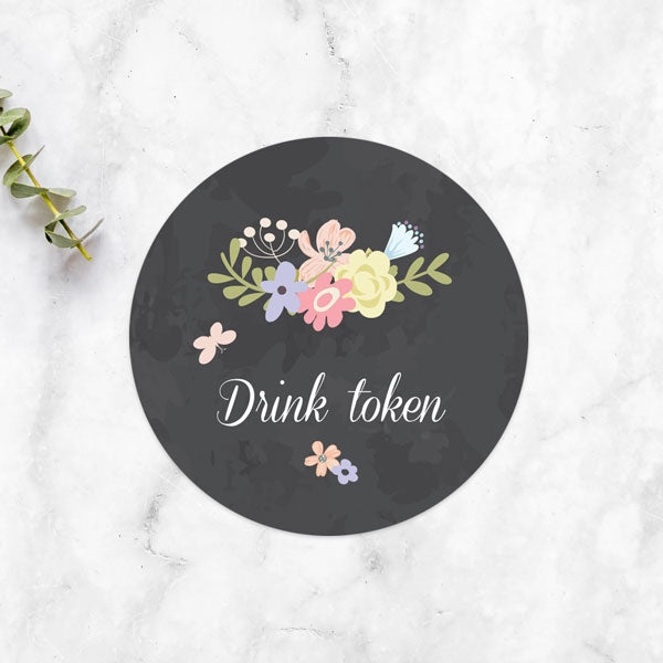 Pastel Chalkboard Flowers - Drink Tokens - Pack of 30