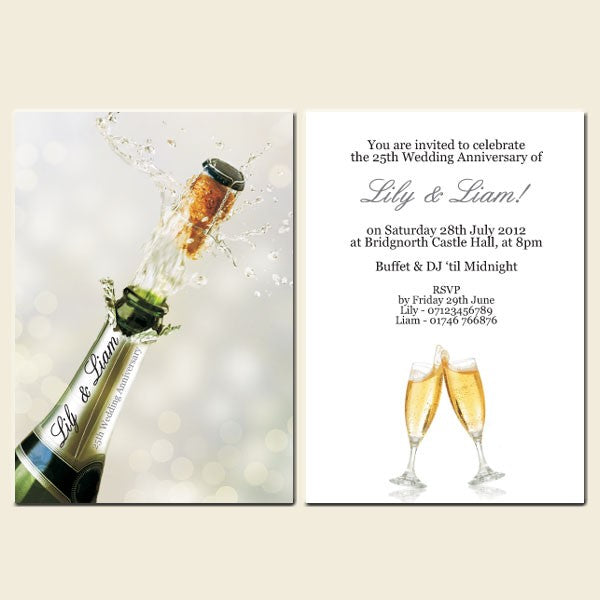 25th Wedding Anniversary Invitations - Personalised Champagne Bottle