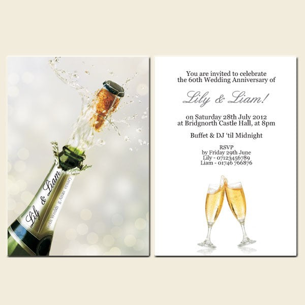 60th Wedding Anniversary Invitations - Personalised Champagne Bottle