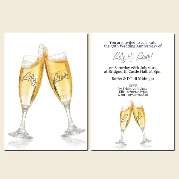 30th Wedding Anniversary Invitations - Personalised Champagne Glasses