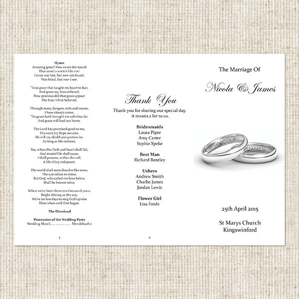 Personalised Wedding Rings Order Of Service - Concertina