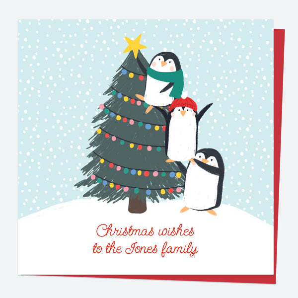 Personalised Single Christmas Card - Snow Fun - Penguin Tree