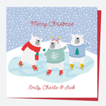 Personalised Single Christmas Card - Snow Fun - Polar Bear Ice Skating