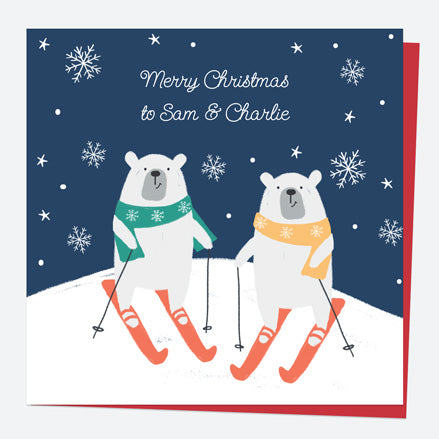 Personalised Single Christmas Card - Snow Fun - Polar Bear Skiing