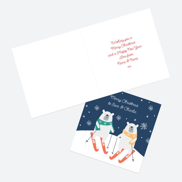 Personalised Single Christmas Card - Snow Fun - Polar Bear Skiing