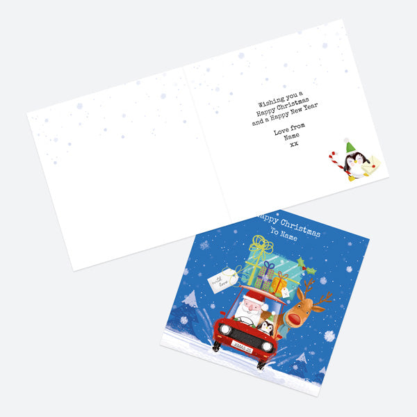 Personalised Single Christmas Card - Santa & Rudolph Fun - Car