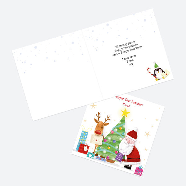 Personalised Single Christmas Card - Santa & Rudolph Fun - Tree