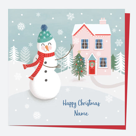 Personalised Single Christmas Card - Snowman Scene - Home