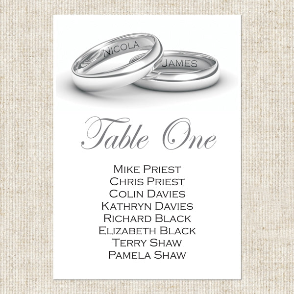 Personalised Wedding Rings - Table Plan Cards