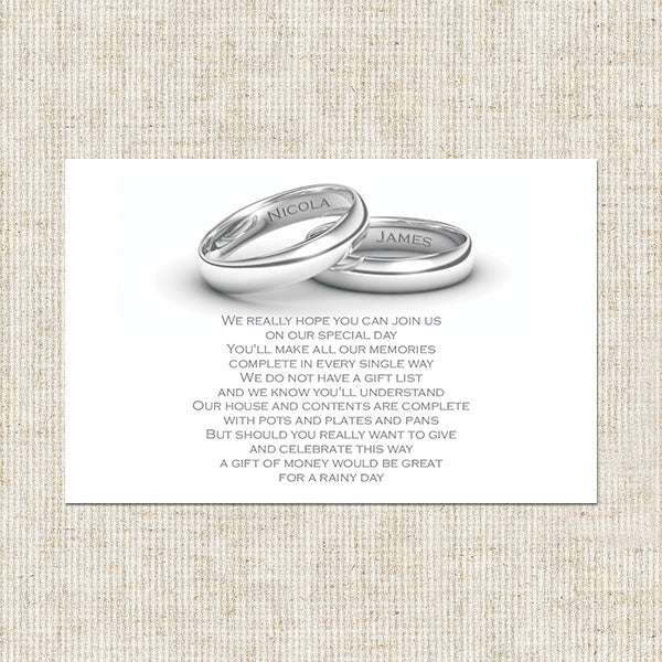 Personalised Wedding Rings Gift Poem Card