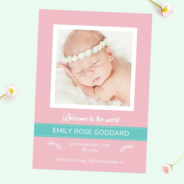 Baby Announcement Cards - Pink & Turquoise Photo - Pack of 10