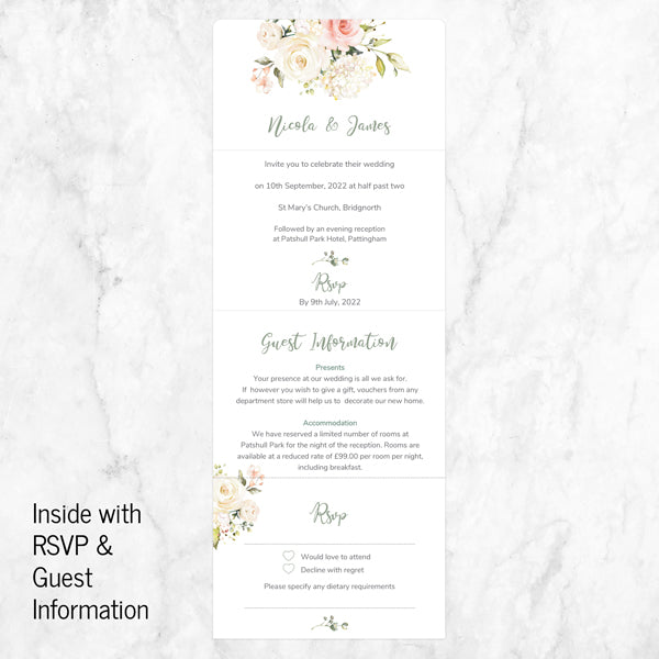 Pink & White Country Bouquet - Tri Fold Wedding Invitation & RSVP