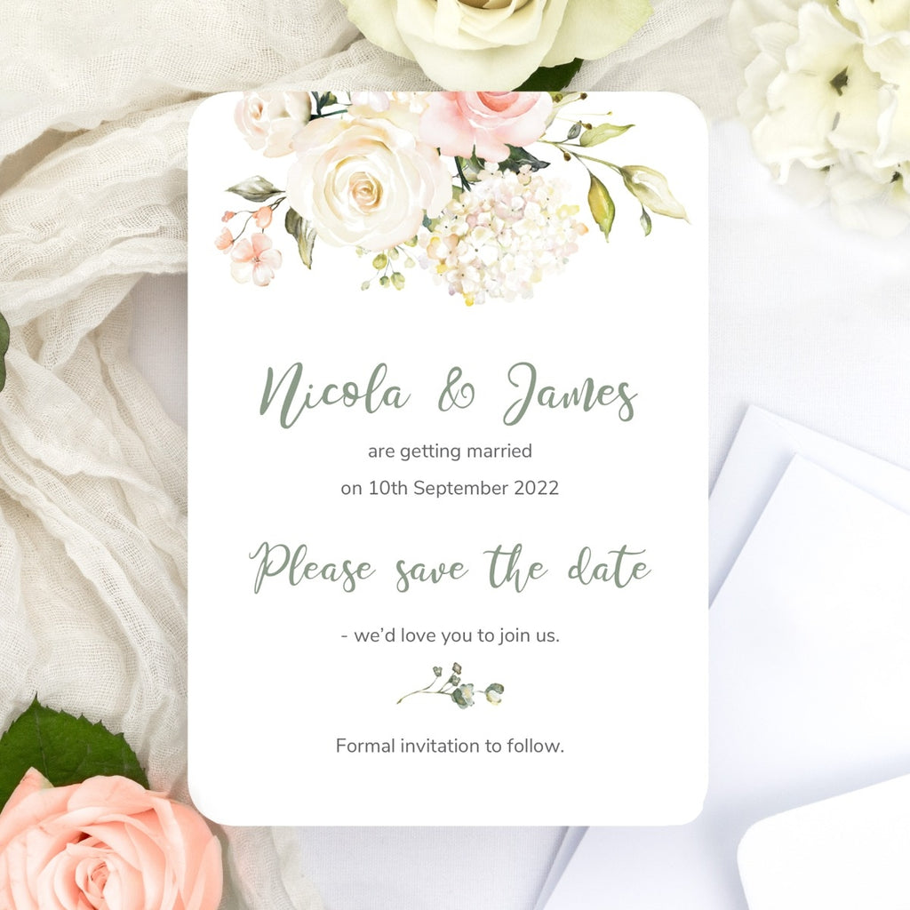 Pink & White Country Bouquet Save the Date Cards