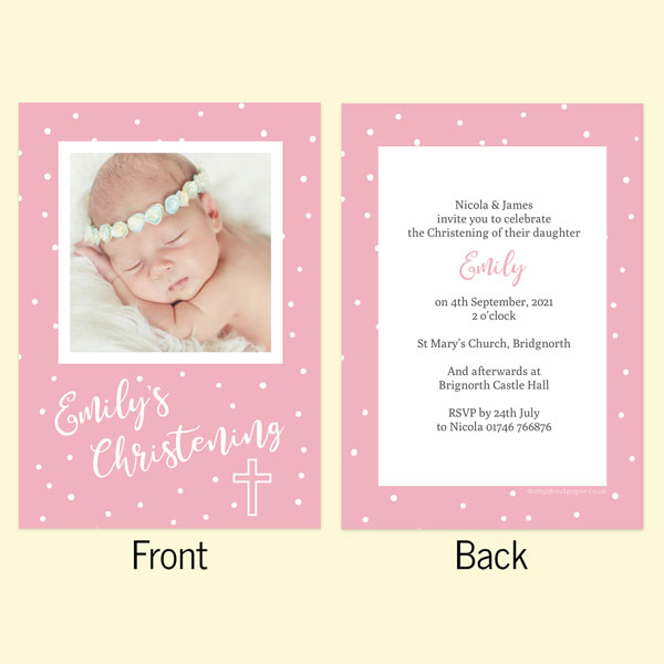 Christening Invitations - Pink Dots Typography - Use Your Own Photo - Pack of 10