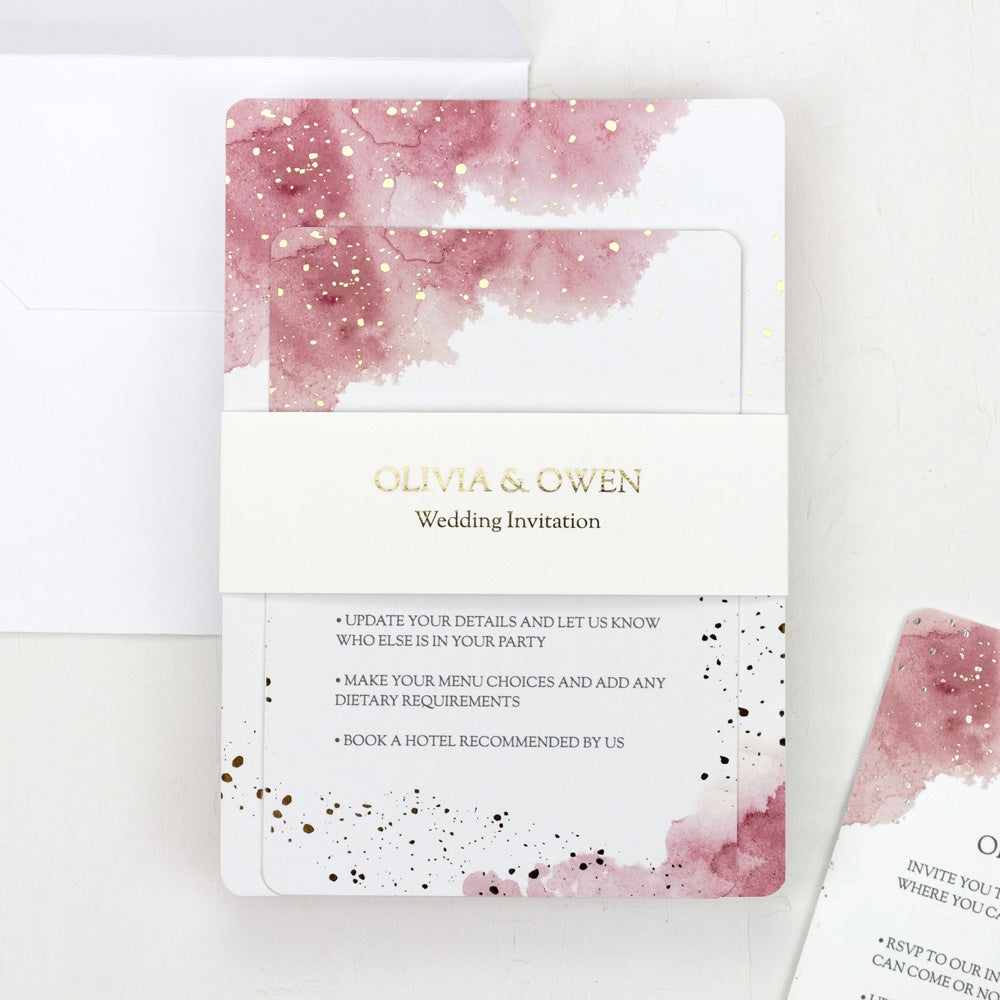Pink Inkwash - Foil Wedding Invitation & Information Card Suite
