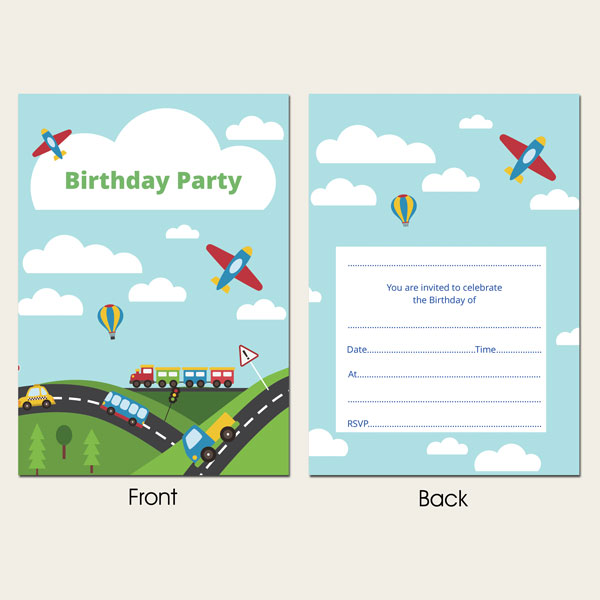 Ready to Write Kids Birthday Invitations - Planes, Trains & Automobiles - Pack of 10