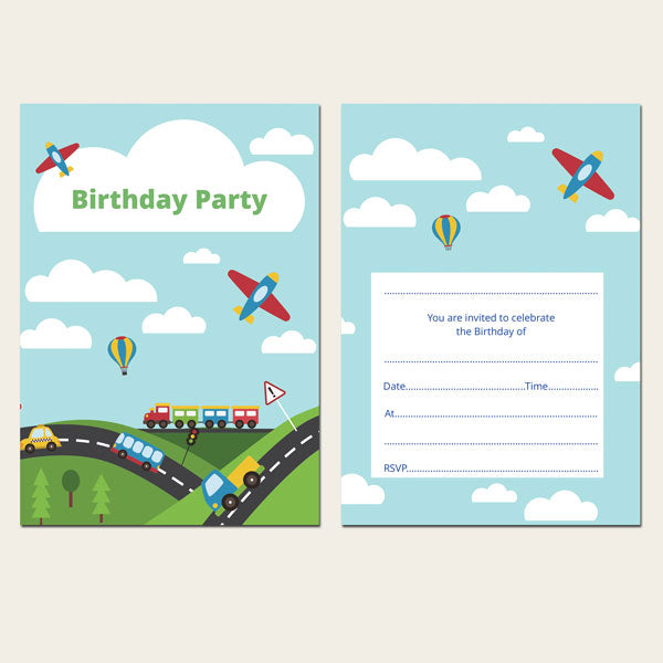 Ready to Write Kids Birthday Invitations - Planes, Trains & Automobiles - Pack of 10