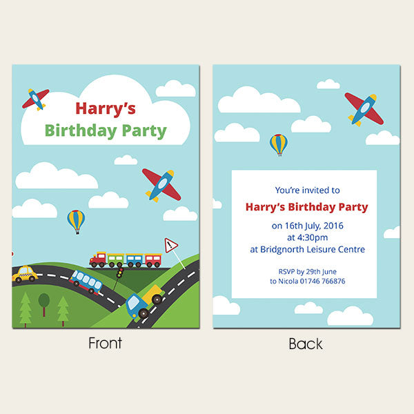 Personalised Kids Birthday Invitations - Planes, Trains & Automobiles - Pack of 10