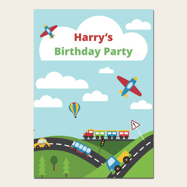 Personalised Kids Birthday Invitations - Planes, Trains & Automobiles - Pack of 10