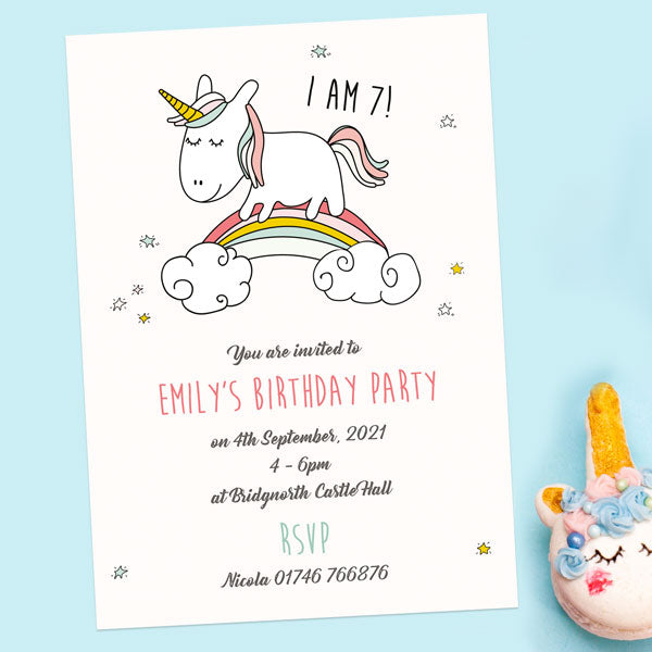 Childrens Birthday Invitations - Rainbow Unicorn - Pack of 10