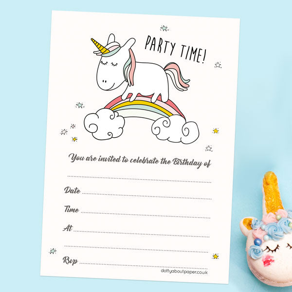 Childrens Birthday Invitations - Rainbow Unicorn - Pack of 10