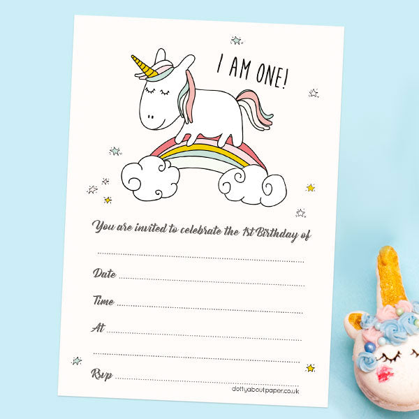 1st Birthday Invitations - Rainbow Unicorn - Pack of 10