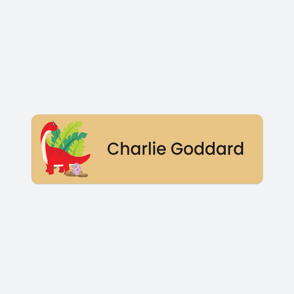 Medium Personalised Stick On Waterproof (Clothing/Equipment) Name Labels - Red Dinosaur - Pack of 36