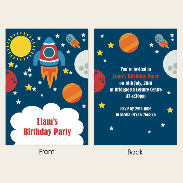 Personalised Kids Birthday Invitations - Rocket - Pack of 10