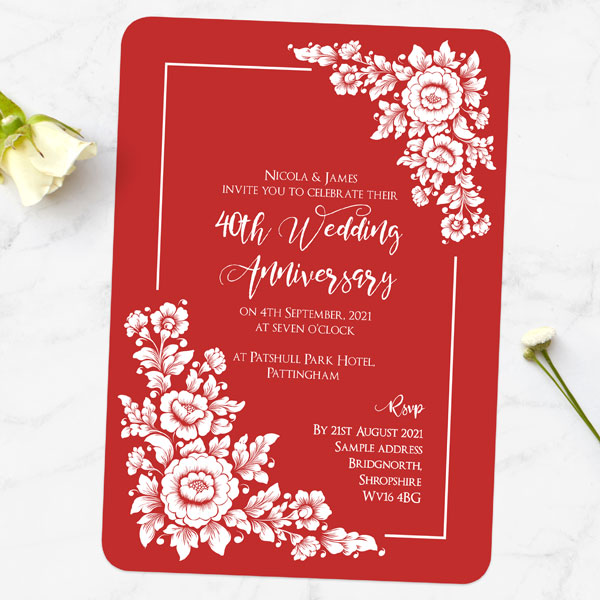 40th Wedding Anniversary Invitations - Romantic Flowers