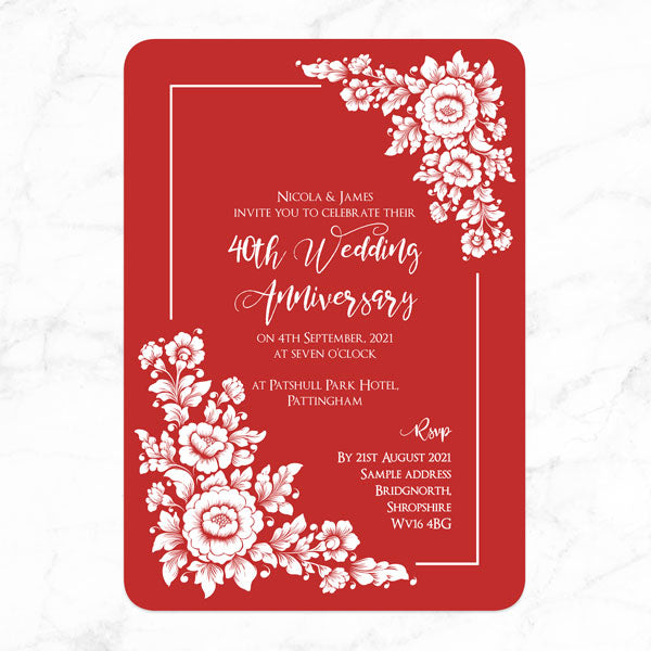 40th Wedding Anniversary Invitations - Romantic Flowers