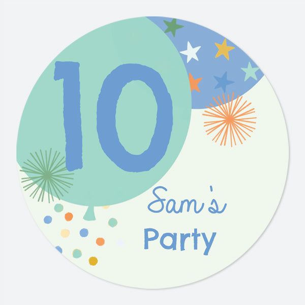 Boys Party Balloons Age 10 - Large Round Personalised Party Stickers - Pack of 12