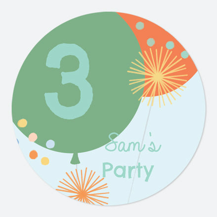 Boys Party Balloons Age 3 - Large Round Personalised Party Stickers - Pack of 12