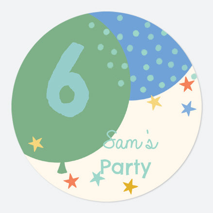 Boys Party Balloons Age 6 - Large Round Personalised Party Stickers - Pack of 12