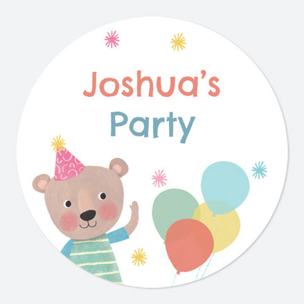 Dotty Party Bear - Large Round Personalised Party Stickers - Pack of 12