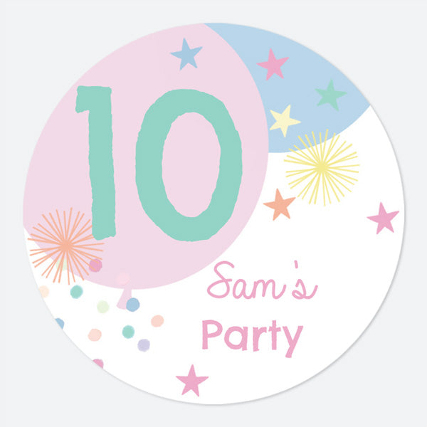 Girls Party Balloons Age 10 - Large Round Personalised Party Stickers - Pack of 12