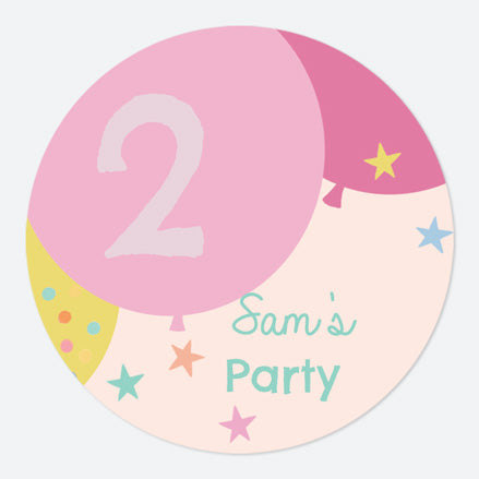 Girls Party Balloons Age 2 - Large Round Personalised Party Stickers - Pack of 12