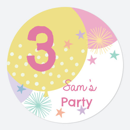 Girls Party Balloons Age 3 - Large Round Personalised Party Stickers - Pack of 12