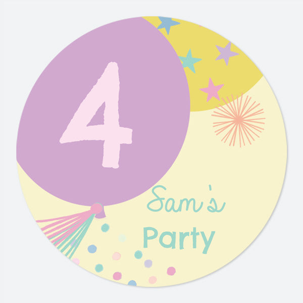 Girls Party Balloons Age 4 - Large Round Personalised Party Stickers - Pack of 12