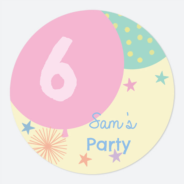 category header image Girls Party Balloons Age 6 - Large Round Personalised Party Stickers - Pack of 12