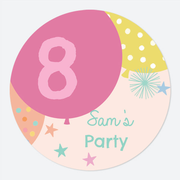 Girls Party Balloons Age 8 - Large Round Personalised Party Stickers - Pack of 12