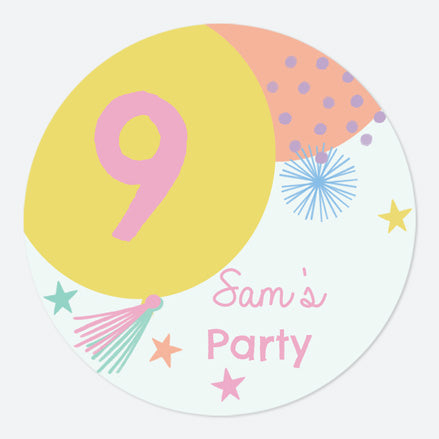 Girls Party Balloons Age 9 - Large Round Personalised Party Stickers - Pack of 12