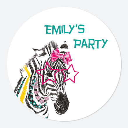 Cool Zebra - Large Round Personalised Party Stickers - Pack of 12