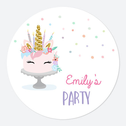 Unicorn Cake - Large Round Personalised Party Stickers - Pack of 12