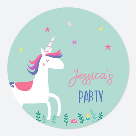 Unicorn Magic - Large Round Personalised Party Stickers - Pack of 12
