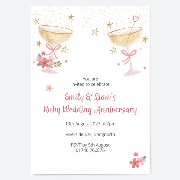 40th Wedding Anniversary Invitations - Champagne Bubbles - Pack of 10
