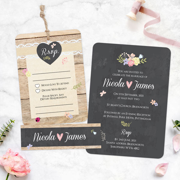 Pastel Chalkboard Flowers - Boutique Wedding Invitation & RSVP