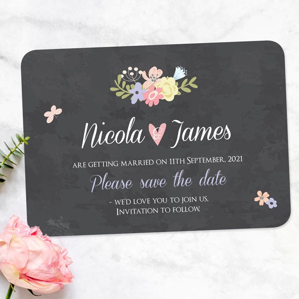Pastel Chalkboard Flowers Save the Date Cards