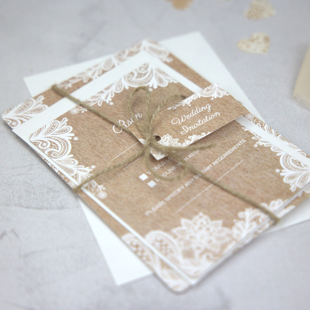 Rustic Lace Pattern - Ready to Write Wedding Invitations & RSVP
