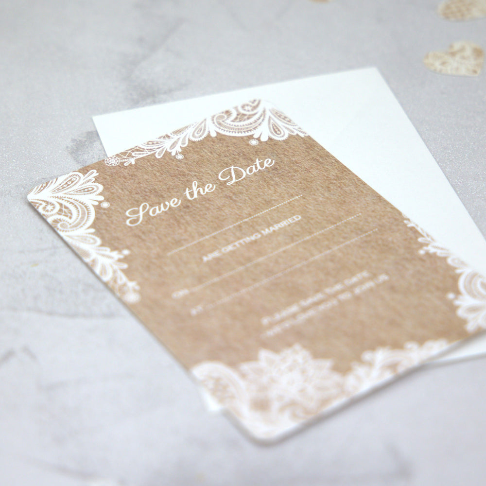 Rustic Lace Pattern - Ready to Write Save the Date Cards